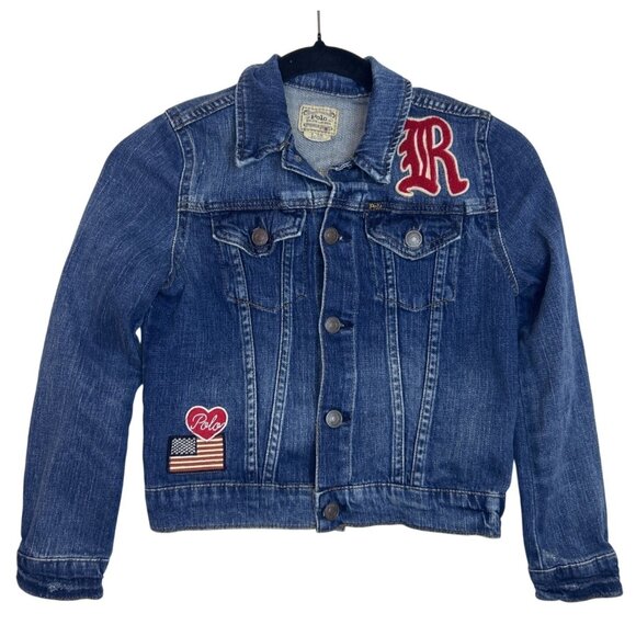 Polo Ralph Lauren Girl's Size 8 Denim Jean Jacket Pep Squad Patches Retro - Picture 1 of 10